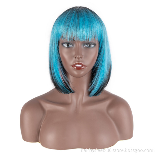 Wholesale machine made Wig Bob Short pixie cut ombre corlors With neat bang Heat-resisting Synthetic hair Wigs for black woman